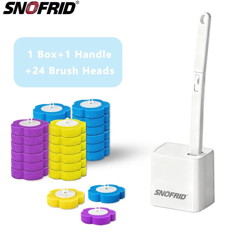 Snofrid Disposable Toilet Brush, Toilet Bowl Wand Holder Set with 24PCS Cleaner Refills, Bathroom Cleaning System for Sink Bathtub Drain Wash Basin Urinal,Wall-Mount Scrubbing Toilet Brush Bathroom Cleaning Kit