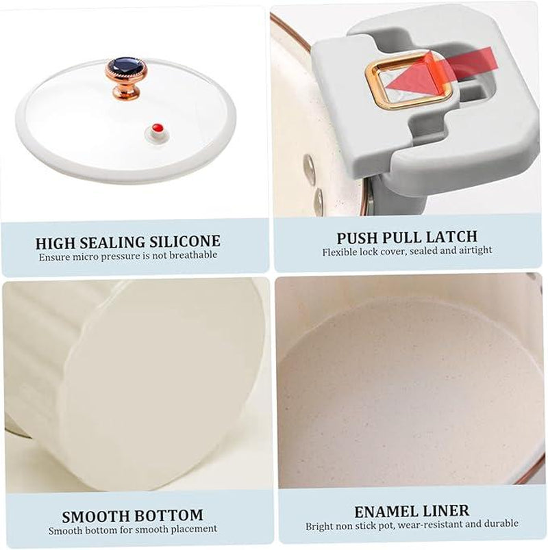 Non-Stick Enamel Micro Pressure Cooker, 2.11Gal Large Capacity Non-Stick Pan Pressure Cooker, Push-Pull Lock Pressure Cooker Soup Stew Pot Enamel Soup Pot Stainless Steel Cookware Oval Slow White